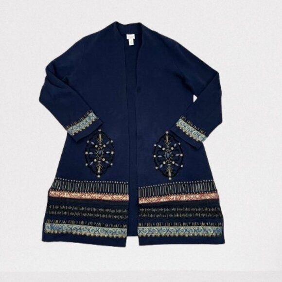 Chico’s Embellished Elektra Open Front Cardigan Size M Navy Blue - Picture 9 of 10